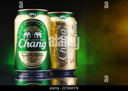 POZNAN, POL - 17. JAN 2020: Dosen Chang Bier, ein blasses Lager von ThaiBev gebraut, Thailands größte und einer der größten Getränkehersteller Südostasiens Stockfoto