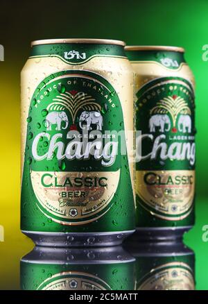 POZNAN, POL - 17. JAN 2020: Dosen Chang Bier, ein blasses Lager von ThaiBev gebraut, Thailands größte und einer der größten Getränkehersteller Südostasiens Stockfoto