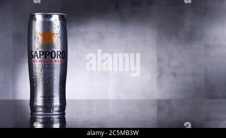 POSEN, POL - 17. JAN 2020: Dosen von Sapporo Bier, ein Produkt von Sapporo Breweries, ein japanisches Bierbrauunternehmen, das 1876 gegründet wurde. Stockfoto