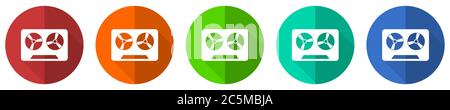 Musikrekorder, Audio-Geräte Icon Set, rot, blau, grün und orange flaches Design Web-Tasten isoliert auf weißem Hintergrund, Vektor-Illustration Stock Vektor