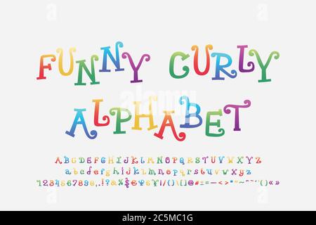 Lustige farbige Alphabet Cartoon lockige Schriftart. Groß- und Kleinbuchstaben, Zahlen, Satzzeichen. Vektorgrafik. Stock Vektor
