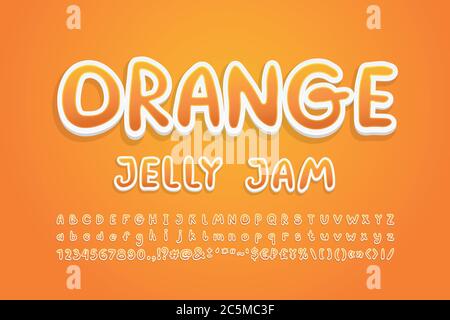 Cartoon Alphabet süße orange Fruchtfarben. Helle handschriftliche Schrift, 3d-Sticker-Stil, Groß- und Kleinbuchstaben, Zahlen. Vektorgrafik. Stock Vektor