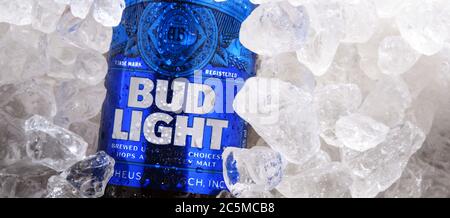 POSEN, POL - 22. MAI 2020: Flasche Bud Light Beer, ein amerikanisches Leichtbier, hergestellt von Anheuser-Busch, eingeführt 1982. Stockfoto