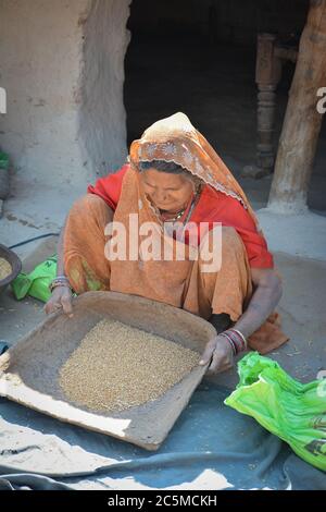 TIKAMGARH, MADHYA PRADESH, INDIEN - 03. FEBRUAR 2020: Eine alte Frau in einem indischen Dorf. Stockfoto