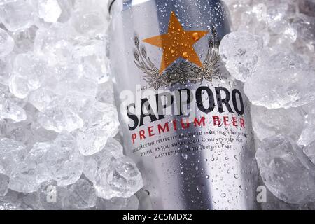 POSEN, POL - 26. JUN 2020: Dose Sapporo Bier, ein Produkt der Sapporo Breweries, einer japanischen Bierbrauerei, die 1876 gegründet wurde. Stockfoto