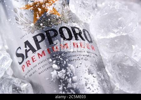 POSEN, POL - 26. JUN 2020: Dose Sapporo Bier, ein Produkt der Sapporo Breweries, einer japanischen Bierbrauerei, die 1876 gegründet wurde. Stockfoto