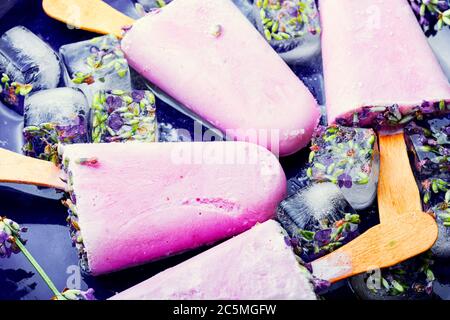 Sommerdessert, Eis mit blühendem lavender.Organic Eis Stockfoto