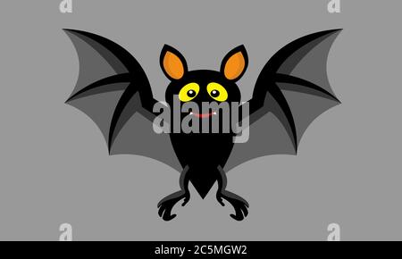 Cartoon Halloween kleine Fledermaus niedlich fliegen. Die einzigen Säugetiere, die fliegen können. Vektorgrafik. Auf grauem Hintergrund. Stockfoto