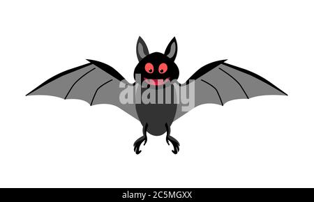 Cartoon kleine Fledermaus fliegen. Vampir gruselige rote Augen. Die einzigen Säugetiere, die fliegen können. Halloween-Symbol auf weißem Hintergrund. Stockfoto