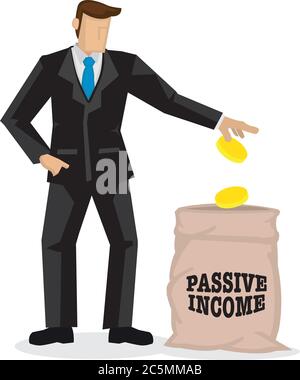 Geschäftsmann im Anzug Drop Geld in eine Tasche Label passives Einkommen. Konzept des passiven Einkommens und des zusätzlichen Einkommens. Vektorgrafik. Stock Vektor