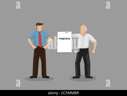 Cartoon alter Mann hält ein Zeichen, das sagt Pension zu jungen Geschäftsmann. Vektor-Illustration auf anspruchsvolle für Pension Konzept isoliert auf grauen hintergr Stock Vektor