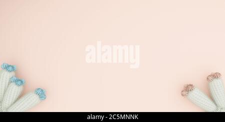 Weißer Kaktus mit rosa und blauen Blumen, oranger Hintergrund, abstrakt, für Grußkarten, Einladung, Platz für Text, hign Auflösung, 3D-Illustration Stockfoto