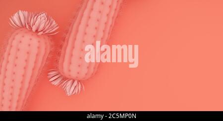 Orange Kaktus mit orangen Blumen und orangefarbenem Hintergrund, abstrakt, für Grußkarten, Einladung, Platz für Text, hign Auflösung, 3D Illustration Stockfoto