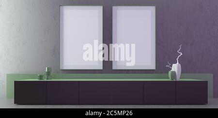Moderne Luxus-Wohnzimmer mit grauen Wand und Boden, Vorderansicht 2 Rahmen Mock up vertikalen Poster, Tisch mit tv, grüne Smalle Wand, Kunst, 3D Stockfoto