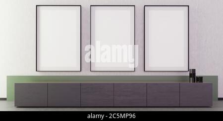 Moderne Luxus-Wohnzimmer mit grauen Wand und Boden, Blick auf Baum-Rahmen Modell bis vertikale Poster, Tisch mit tv, grüne Smalle Wand, Kunst, Dekor Stockfoto