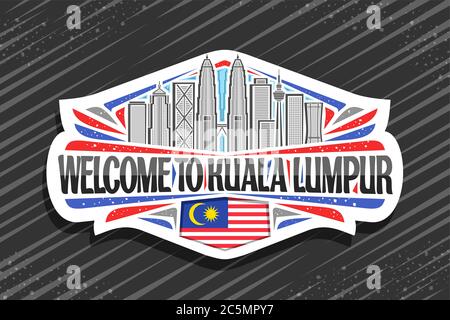 Vektor-Logo für Kuala Lumpur, weißes Abzeichen mit Umriss Illustration der modernen kuala lumpur Stadtlandschaft auf Tag Himmel Hintergrund, Kühlschrank Magnet mit einzigartigen Stock Vektor