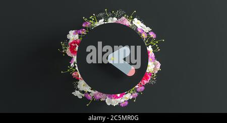 Schwarzer Wecker mit Blumen und Blättern auf dunkelschwarzem Hintergrund und rosa, farbiges Zeitkonzept, minimalistische Komposition, stilvolle abstrakte Uhr, Raum Stockfoto