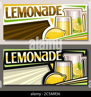 Vektor-Banner Lemonade mit Copyspace, horizontale Layouts mit Darstellung von ganzen Obst und Zitrone trinken mit Minzblättern in Krug, einzigartige Bürste Stock Vektor