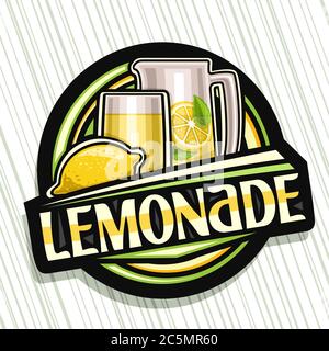 Vektor-Logo für Limonade, dunkles Dekorationsschild mit Abbildung von ganz Zitrone und Getränk in Glas und Krug, Obst-Poster mit einzigartigen Schriftzug für Stock Vektor