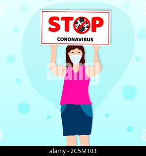 Frau in medizinischer Maske hält ein Stop Coronavirus Poster. COVID-19 Gefahr und Risiko für die öffentliche Gesundheit Krankheit und Grippe Ausbruch. Vektorgrafik Stock Vektor