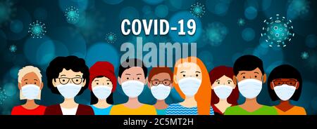 Menschen in medizinischer Maske. Coronavirus-Ausbruchskonzept. COVID-19 Gefahr und Risiko für die öffentliche Gesundheit Krankheit und Grippe Ausbruch. Vektorgrafik Stock Vektor