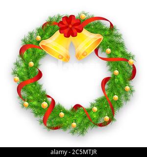 Weihnachtskranz mit rotem Band, Glocken und Kugeln auf weißem Hintergrund Vektor Stock Vektor