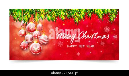 Frohe Weihnachten und ein glückliches neues Jahr Banner. Urlaub Vektor-Illustration mit Weihnachtsbaum Äste und Weihnachtskugeln auf rotem Hintergrund Stock Vektor
