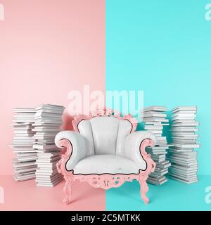 Weiß und rosa vintage echten Ledersessel Chef klassischen Stil und verschiedene Bücher, alt und antik, auf einem blauen und rosa Beleuchtung Hintergrund, Raum Stockfoto