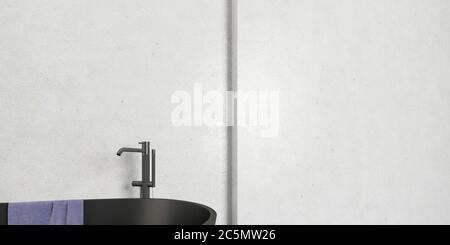 Badezimmer Innenarchitektur mit Nahaufnahme einer schwarzen Luxus-Badewanne und weißen Wänden, Platz für Text und Kopie, Mock-up und Hintergrund, 3D-Illustration Stockfoto