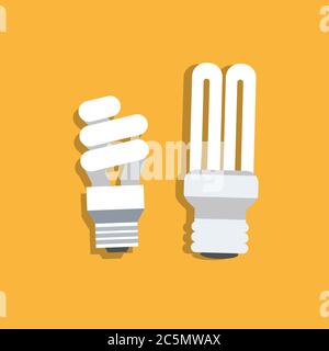Energiesparkonzept. Zwei Lampen in flacher Ausführung auf einem orangefarbenen isolierten Hintergrund. Stock Vektor