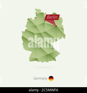 Grüne Gradient Low Poly Karte von Deutschland mit Hauptstadt Berlin Stock Vektor
