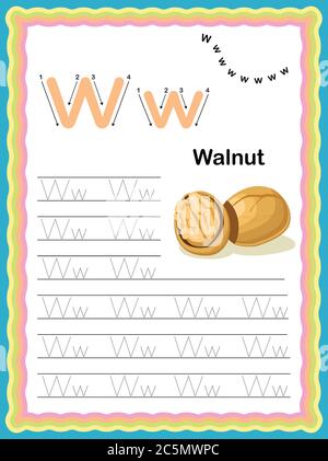 Vorschule Bunte Buchstabe W Groß- und Kleinschreibung Verfolgung Alphabete beginnen mit Gemüse und Obst tägliche Schreiben Praxis Arbeitsblatt, druckbare A4 Stock Vektor