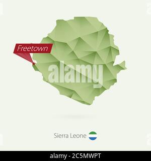 Grüne Gradienten Low-Poly-Karte von Sierra Leone mit Hauptstadt Freetown Stock Vektor