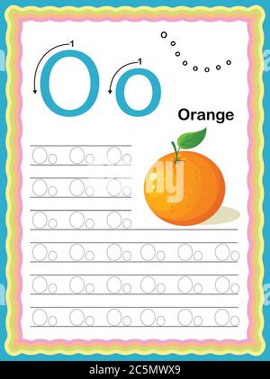 Vorschule Bunte Buchstaben O Groß- und Kleinbuchstaben die Verfolgung Alphabete beginnen mit Gemüse und Obst tägliche Schreiben Praxis Arbeitsblatt, druckbare A4 Stock Vektor