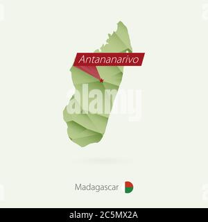 Grüne Gradienten Low Poly Karte von Madagaskar mit Hauptstadt Antananarivo Stock Vektor