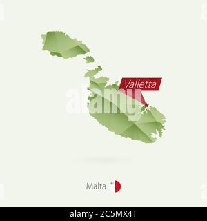 Grüne Gradienten Low Poly Karte von Malta mit Hauptstadt Valletta Stock Vektor