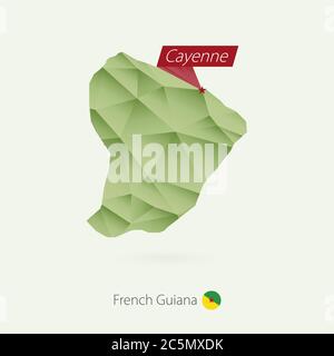 Grüne Gradient Low Poly Karte von Französisch-Guayana mit Hauptstadt Cayenne Stock Vektor