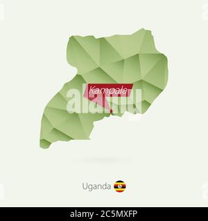 Grüne Gradienten Low Poly Karte von Uganda mit Hauptstadt Kampala Stock Vektor