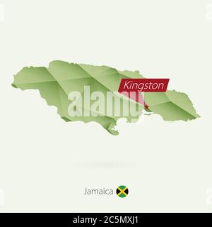 Grüne Gradient Low Poly Karte von Jamaika mit Hauptstadt Kingston Stock Vektor