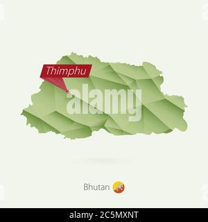 Grüne Gradient Low Poly Karte von Bhutan mit Hauptstadt Thimphu Stock Vektor