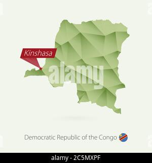 Grüne Gradient Low Poly Karte von DR Kongo mit Hauptstadt Kinshasa Stock Vektor