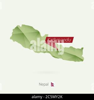 Grüne Gradient Low Poly Karte von Nepal mit Hauptstadt Kathmandu Stock Vektor