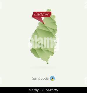 Grüne Gradienten Low Poly Karte von St. Lucia mit Hauptstadt Castries Stock Vektor