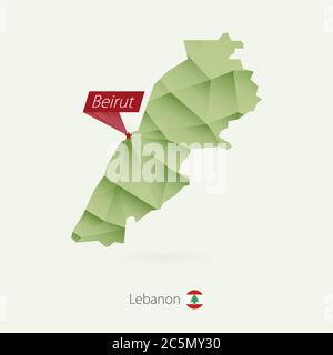 Grüne Gradient Low Poly Karte von Libanon mit Hauptstadt Beirut Stock Vektor