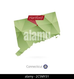 Grüne Gradienten Low-Poly-Karte von Connecticut mit Hauptstadt Hartford Stock Vektor
