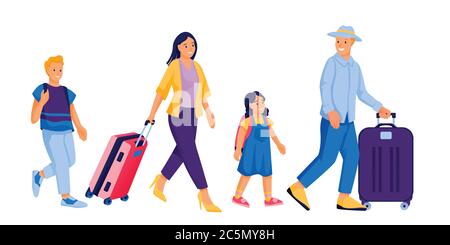 Glückliche Familie mit zwei Kindern, die mit Gepäck unterwegs waren. Vektor-Wohnung Cartoon Touristen Figuren Illustration. Reisender Mann, Frau, Junge und Mädchen mit Gepäck Stock Vektor