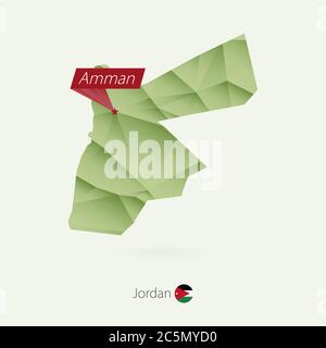 Grüne Gradienten Low Poly Karte von Jordanien mit Hauptstadt Amman Stock Vektor