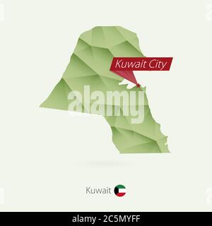 Grüne Gradient Low Poly Karte von Kuwait mit Hauptstadt Kuwait-Stadt Stock Vektor