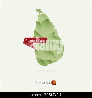 Grüne Gradient Low Poly Karte von Sri Lanka mit Hauptstadt Colombo Stock Vektor