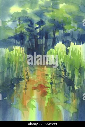 Wald- und Flusslandschaft mit Sonnenlicht Aquarell Hintergrund Stockfoto